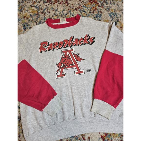 Vintage 90's Arkansas Razorbacks Two Tone Crewneck Sweatshirt Size XL Gray Red - Picture 1 of 8